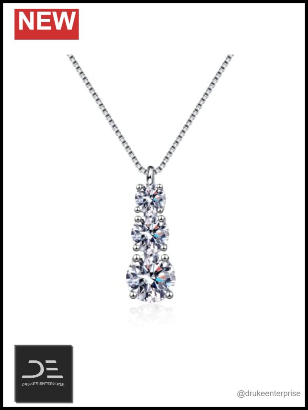 Moissanite Pendant Necklace, Sterling Silver, 3-Stone Dainty Chain, Gift for